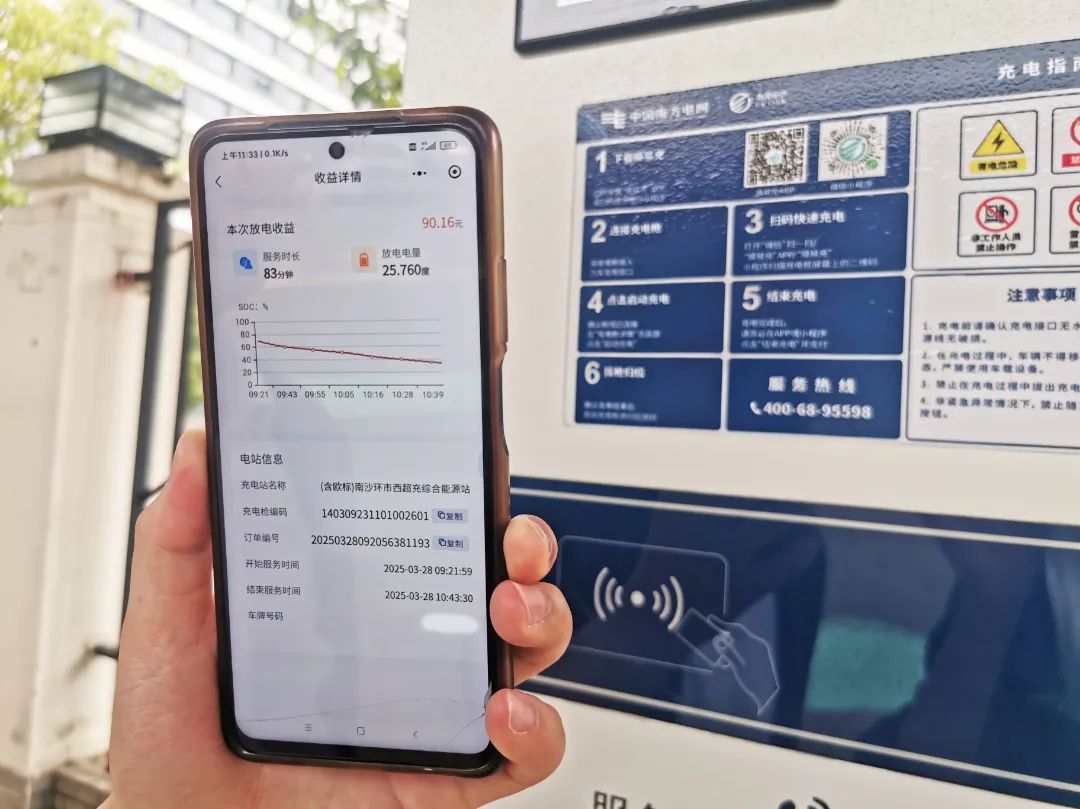 【廣東】3月28日，在廣州南沙電動(dòng)汽車綜合能源站，新能源車車主參與車網(wǎng)互動(dòng)，83分鐘放電25.76度電，收益90.16元。（姚純銘 攝）.jpg