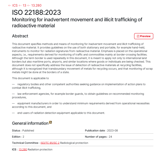 ISO 22188:2023《放射性物質非故意轉移和非法運輸?shù)谋O(jiān)測》正式發(fā)布