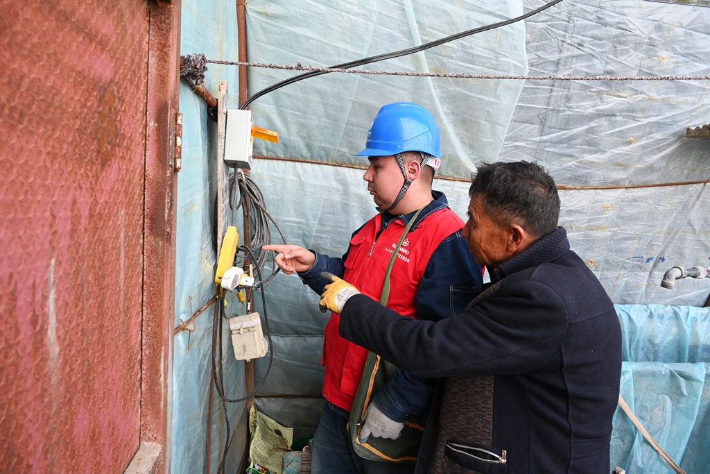供電員工正在開展大棚育苗灌溉設(shè)備安全用電檢查。（趙文靜 攝）_副本.jpg